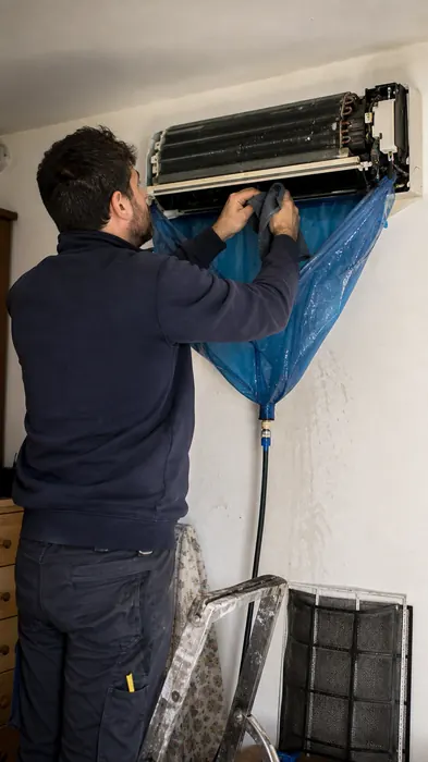Tecnico pulisce un climatizzatore a parete