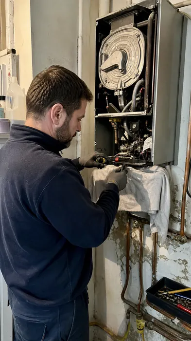 Tecnico esegue la manutenzione di una caldaia