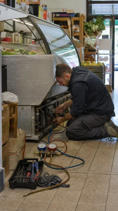 Frigorista ripara un banco refrigerato