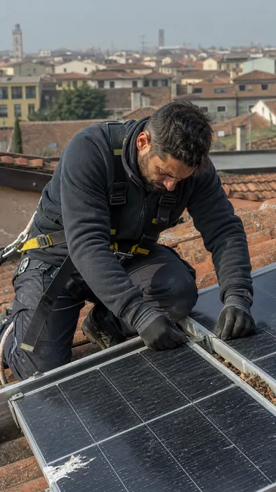 Tecnico controlla un impianto fotovoltaico sul tetto